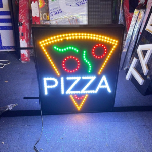 ENSEIGNE VISUELLE LED DOUBLE FACE “PIZZA” AVEC ANIMATION ET COMMANDE À DISTANCE 70×70 cm