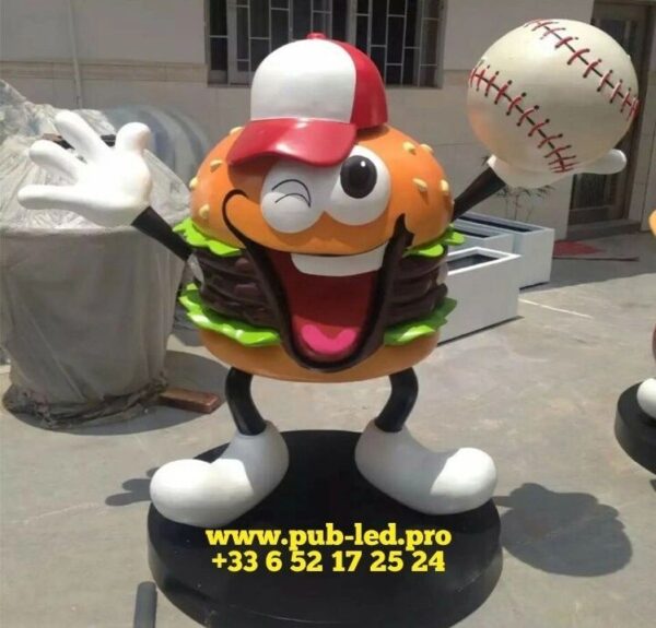 "DÉCOR RÉSINE "HAMBURGER" DESSIN ANIMÉ, SCULPTURE FIBRE DE VERRE